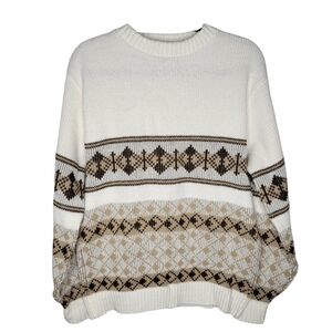 Vintage 70s Kingsport Ski Geometric Pattern Sweater Size XL in Cream Tan Black